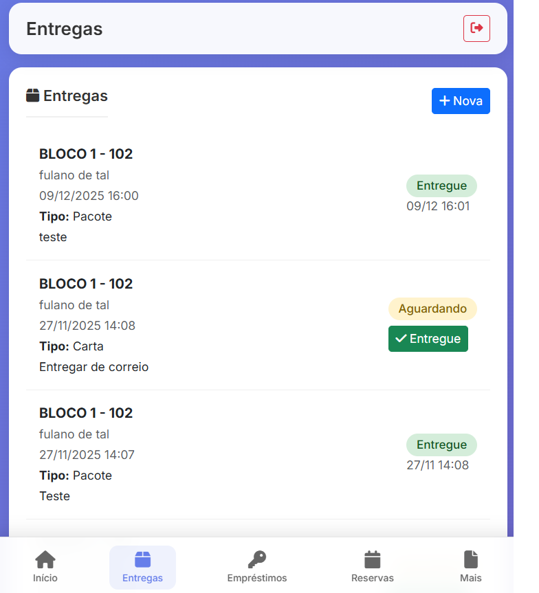Tela do app de entregas do Portaria Fácil
